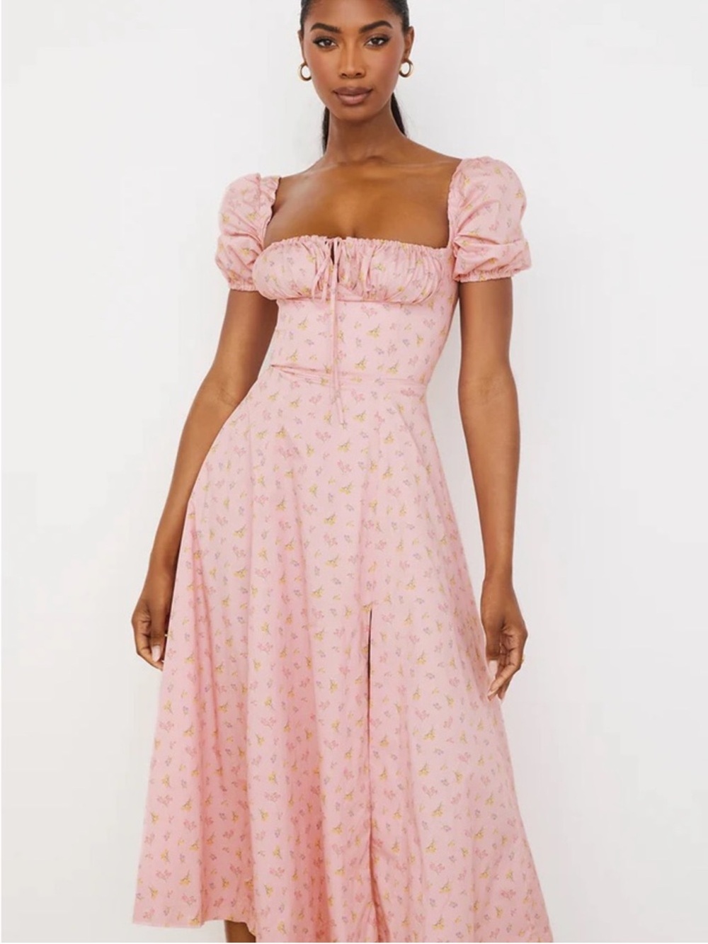 House of CB Tallulah Pink Floral Puff-Sleeve Midi Dress